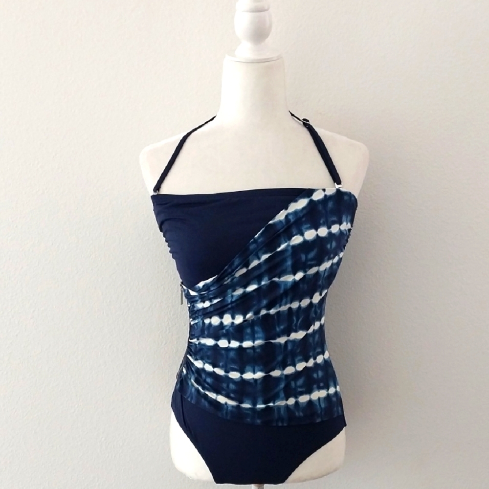 MICHAEL KORS SHORE IKAT SHIRRED BANDEAU MAILLOT 1 PIECE SWIMSUNavy Blue …